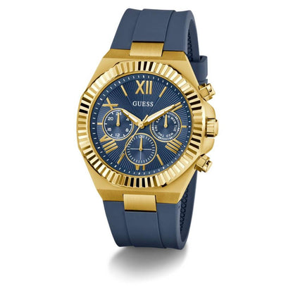 Gold and blue watch with a white background