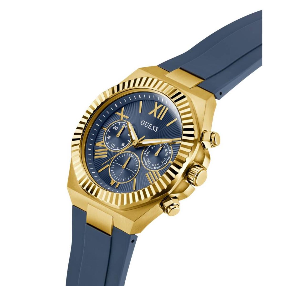 Gold and blue watch with a white background