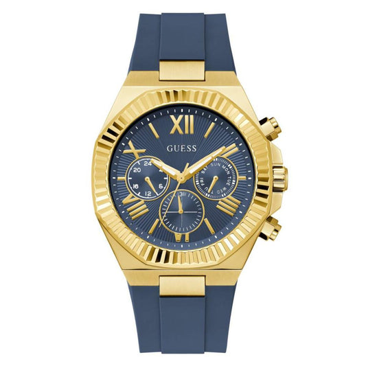 Gold and blue watch with a white background