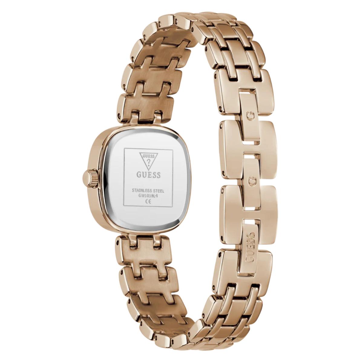 Gold chain-link watch with a white face on a white background