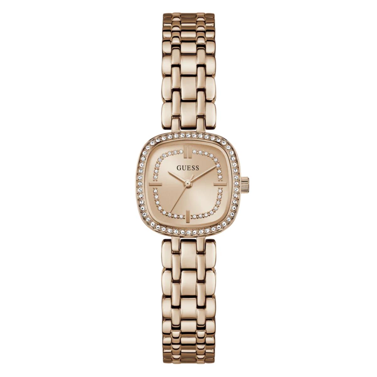 Rose gold watch with diamond-studded face on a white background