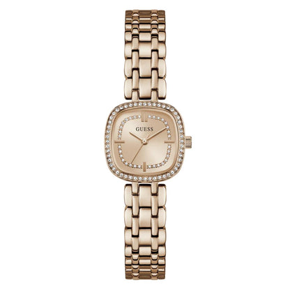 Rose gold watch with diamond-studded face on a white background