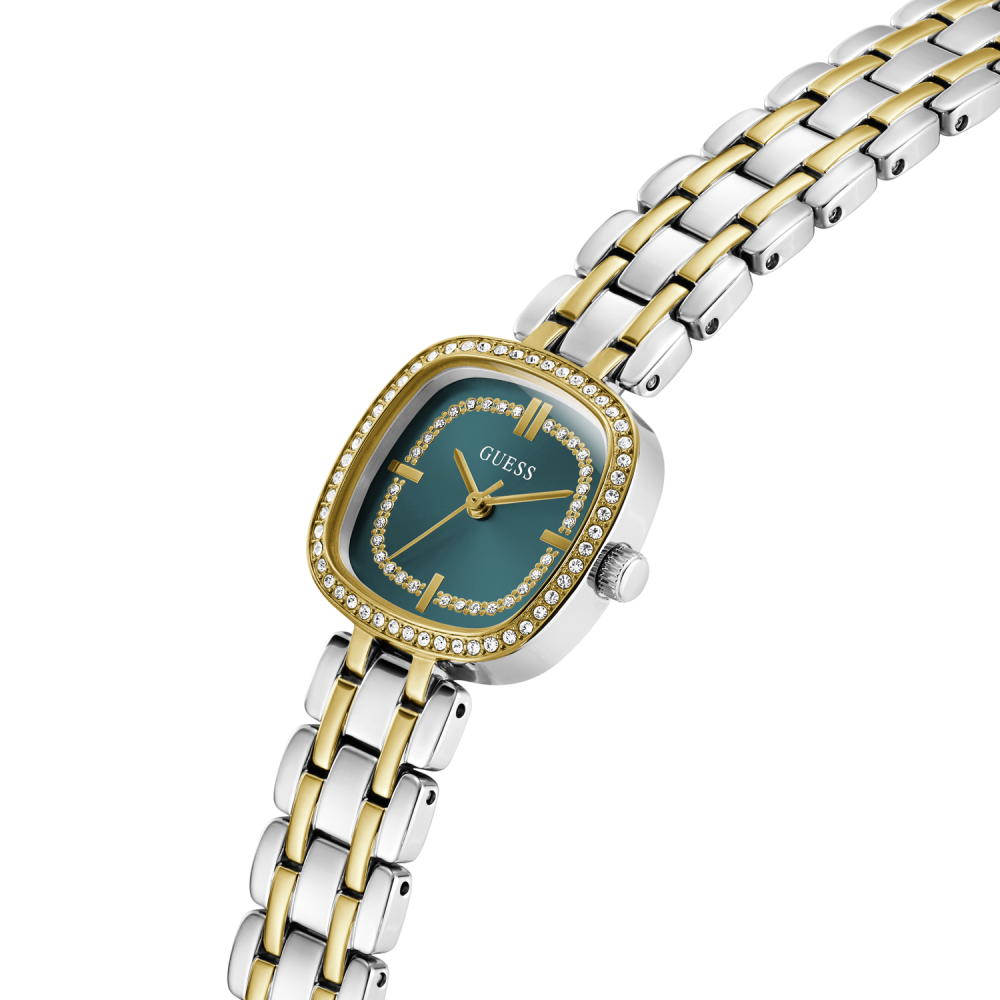 Two-tone watch with a green face on a white background