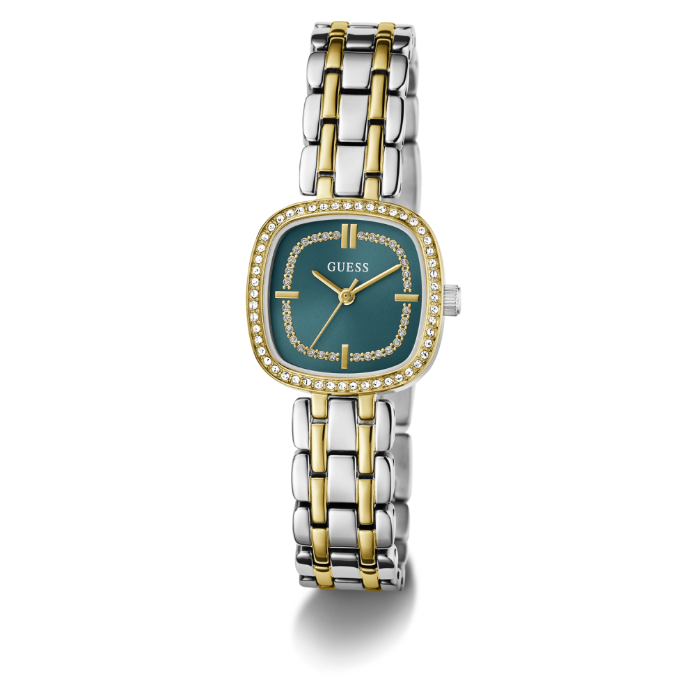 Two-tone watch with a green face on a white background