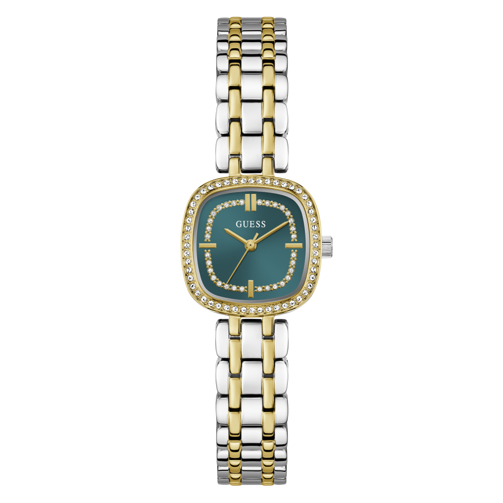 Two-tone watch with a green face on a white background