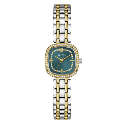 Two-tone watch with a green face on a white background