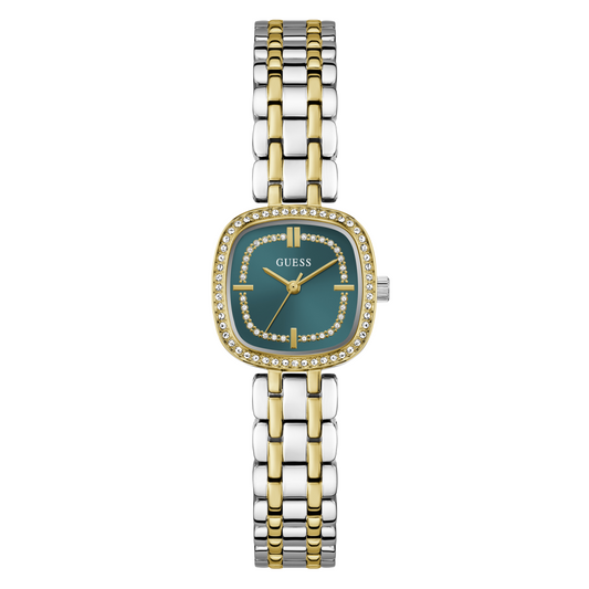 Two-tone watch with a green face on a white background