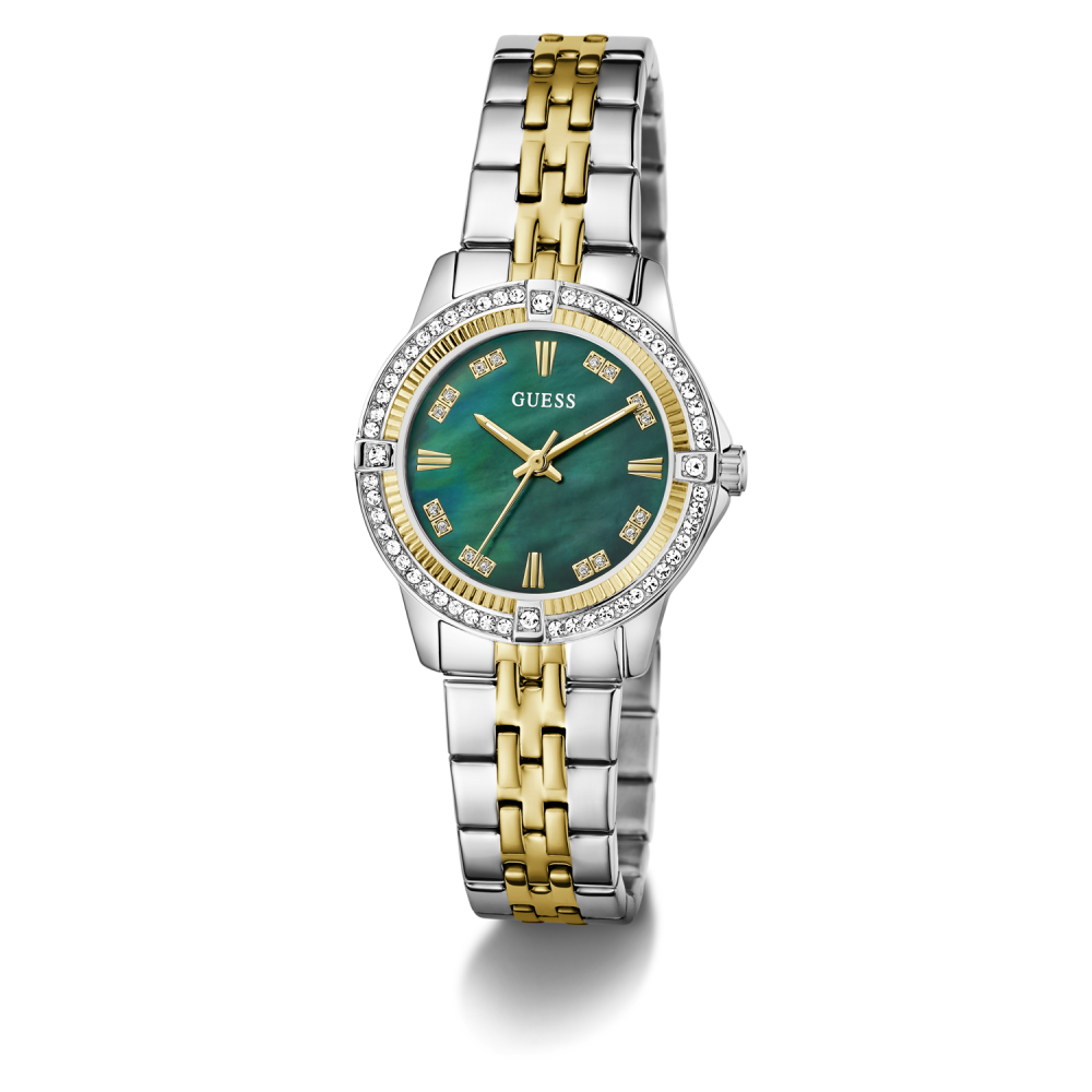 Two-tone watch with green face and diamond accents on a white background