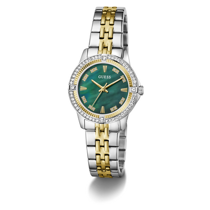 Two-tone watch with green face and diamond accents on a white background