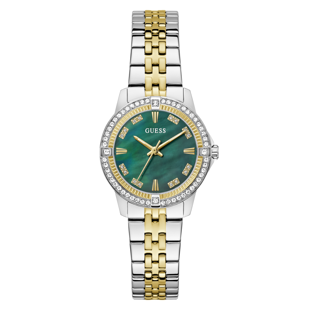 Two-tone silver and gold watch with a green face on a white background