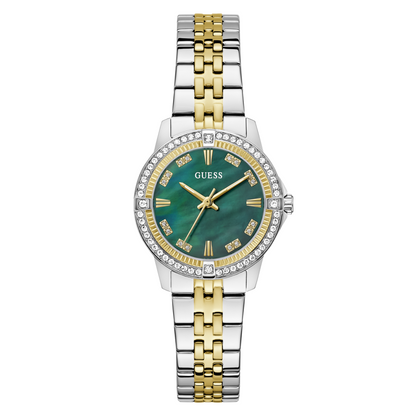 Two-tone silver and gold watch with a green face on a white background
