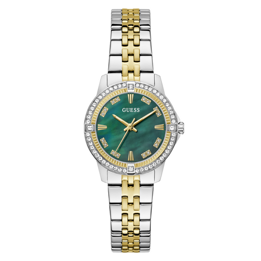 Two-tone silver and gold watch with a green face on a white background