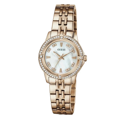 Rose gold watch with a white face on a light gray background