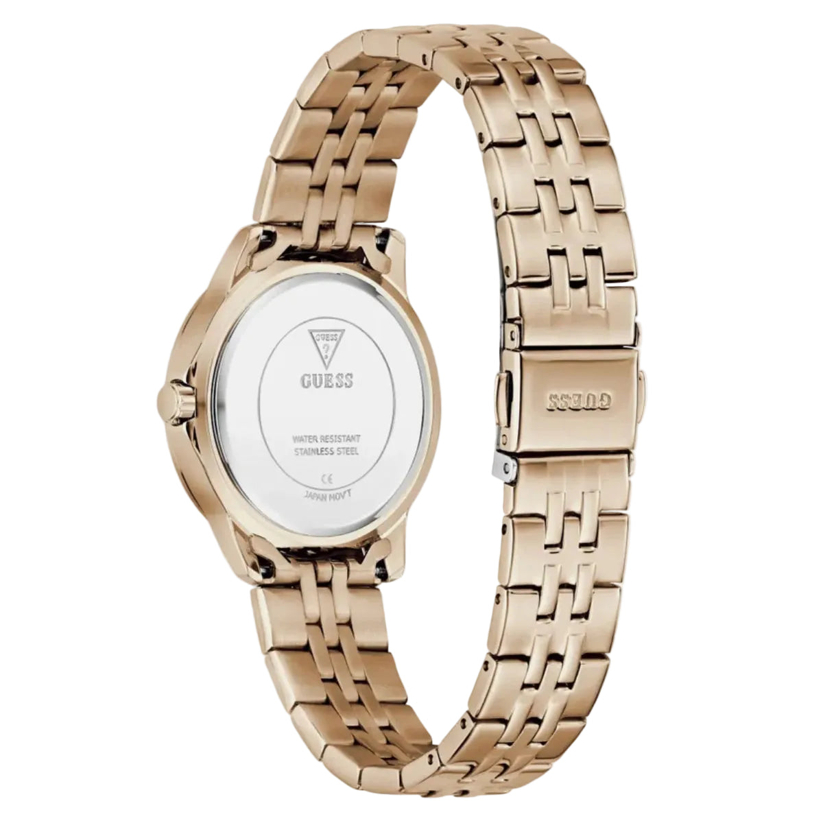 Rose gold watch with a visible brand logo on a white background