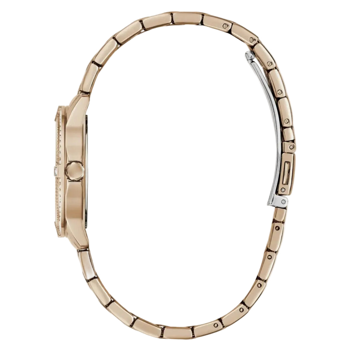 Rose gold watch case on a white background