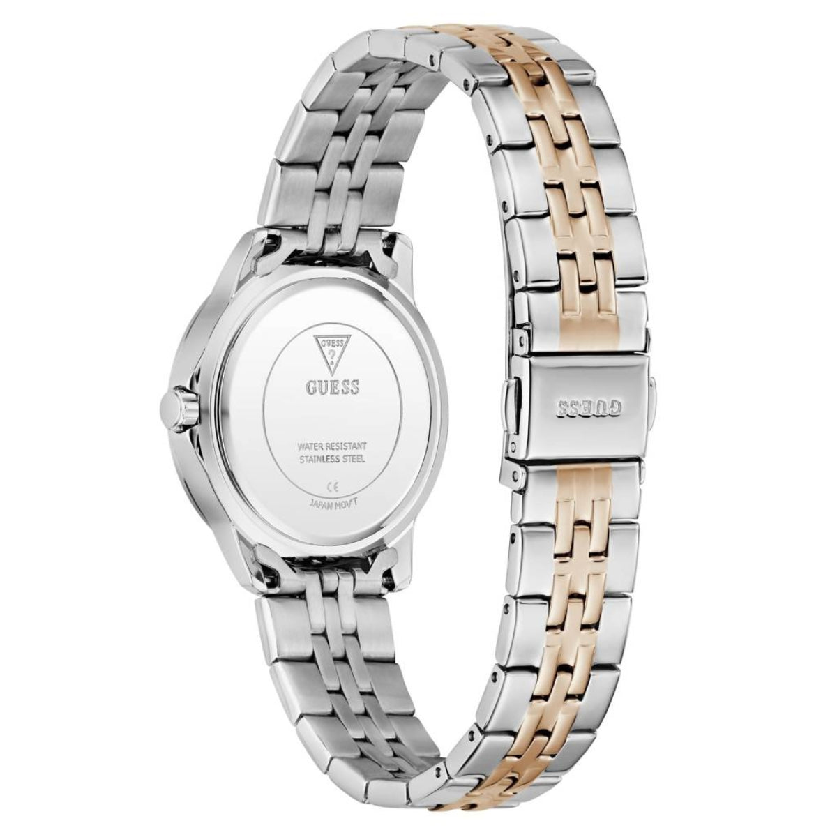 Two-tone watch with silver and rose gold band on a white background