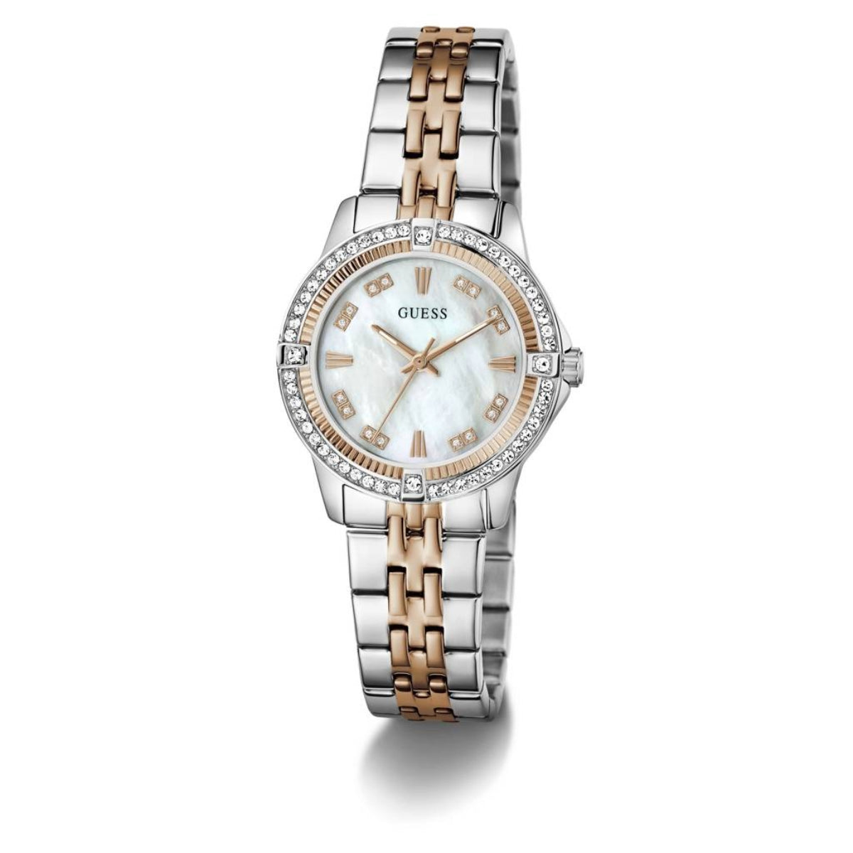 Two-tone watch with rose gold and silver band on a white background
