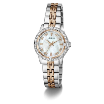 Two-tone watch with rose gold and silver band on a white background