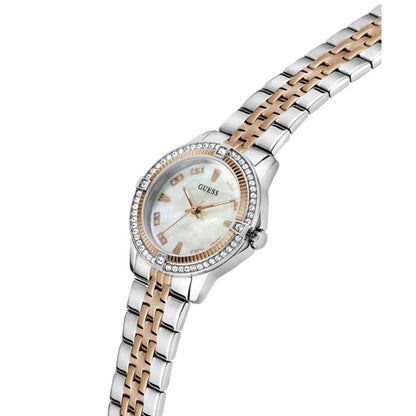 Two-tone watch with silver and rose gold band on a white background