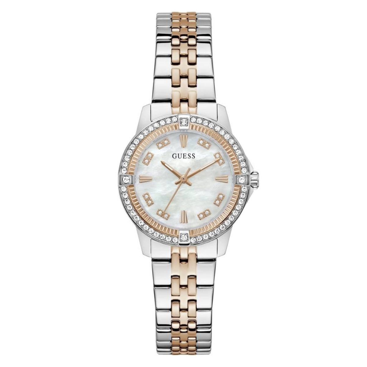 Two-tone Guess watch with silver and rose gold band on a white background