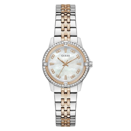 Two-tone Guess watch with silver and rose gold band on a white background