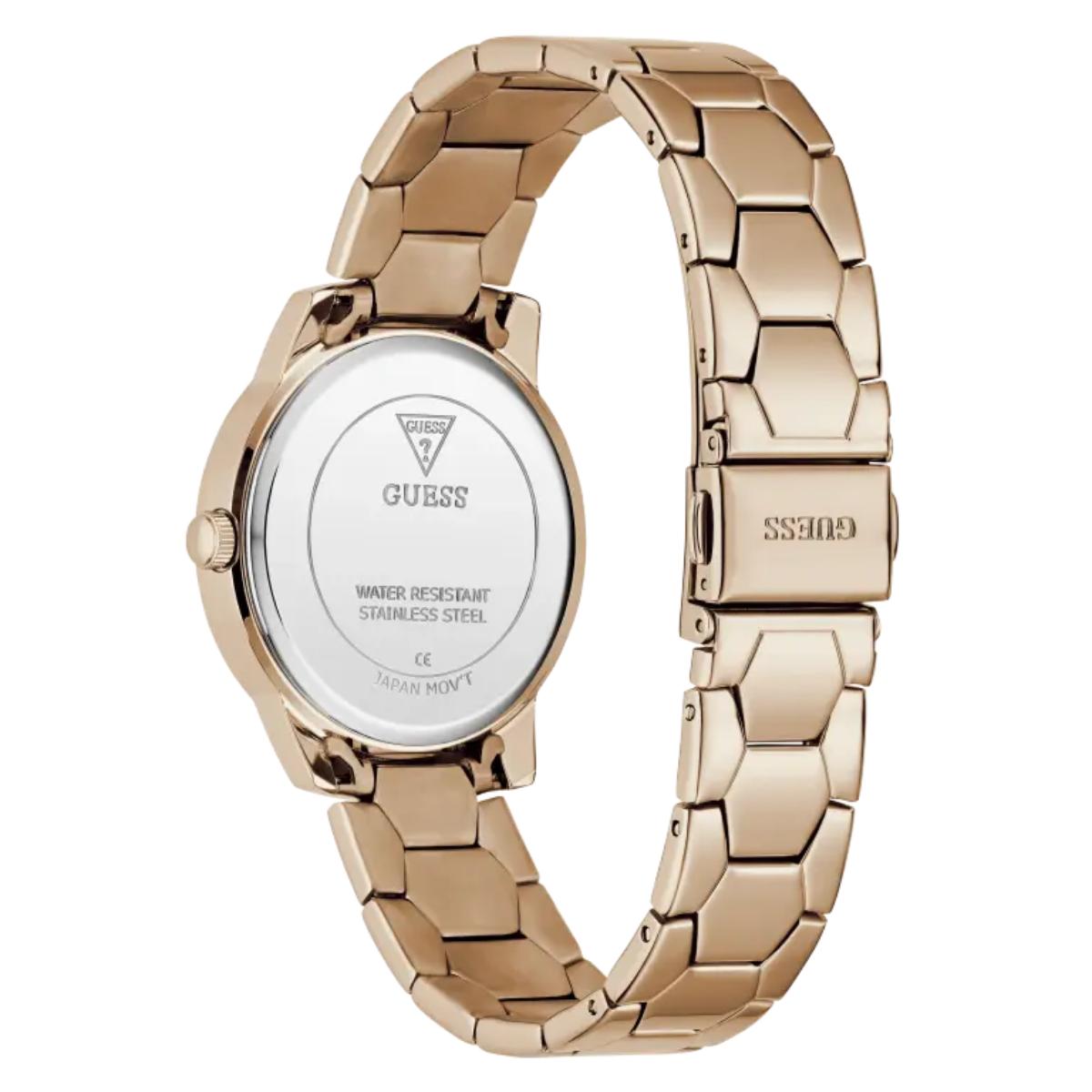 Gold watch with a white face on a white background