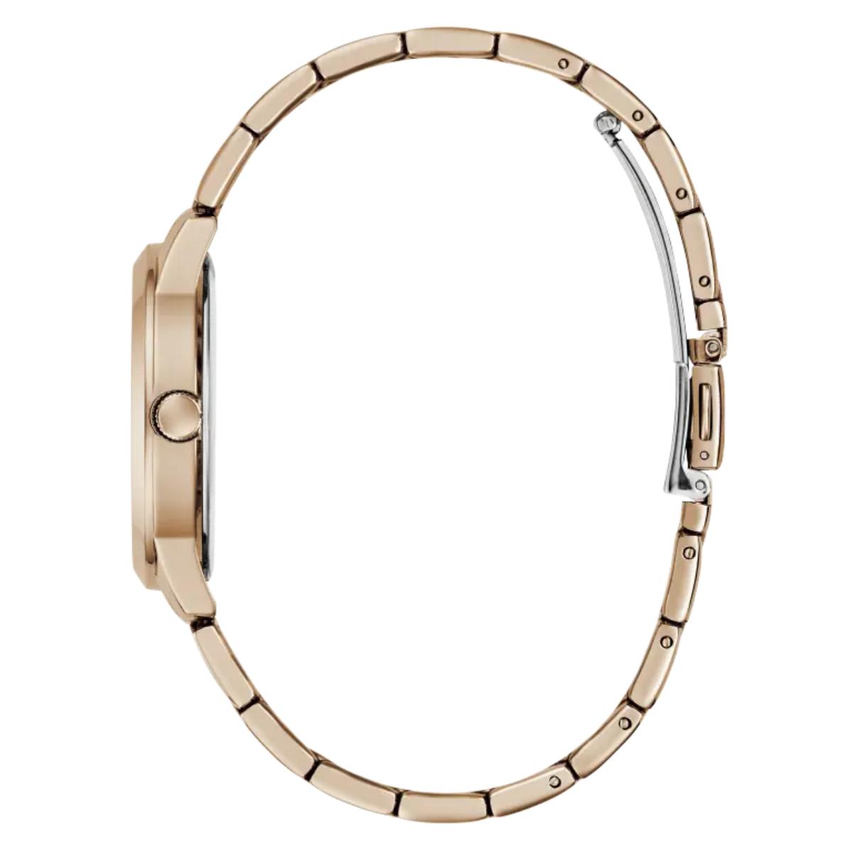 Rose gold watch case on a white background