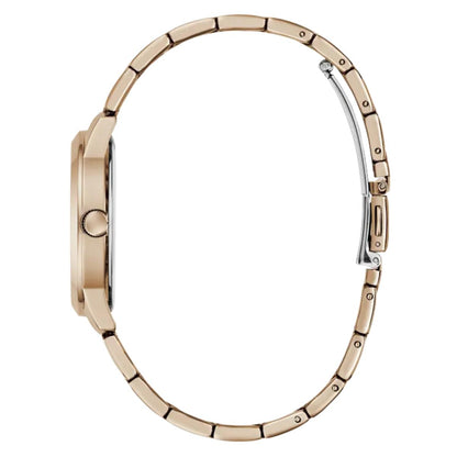 Rose gold watch case on a white background