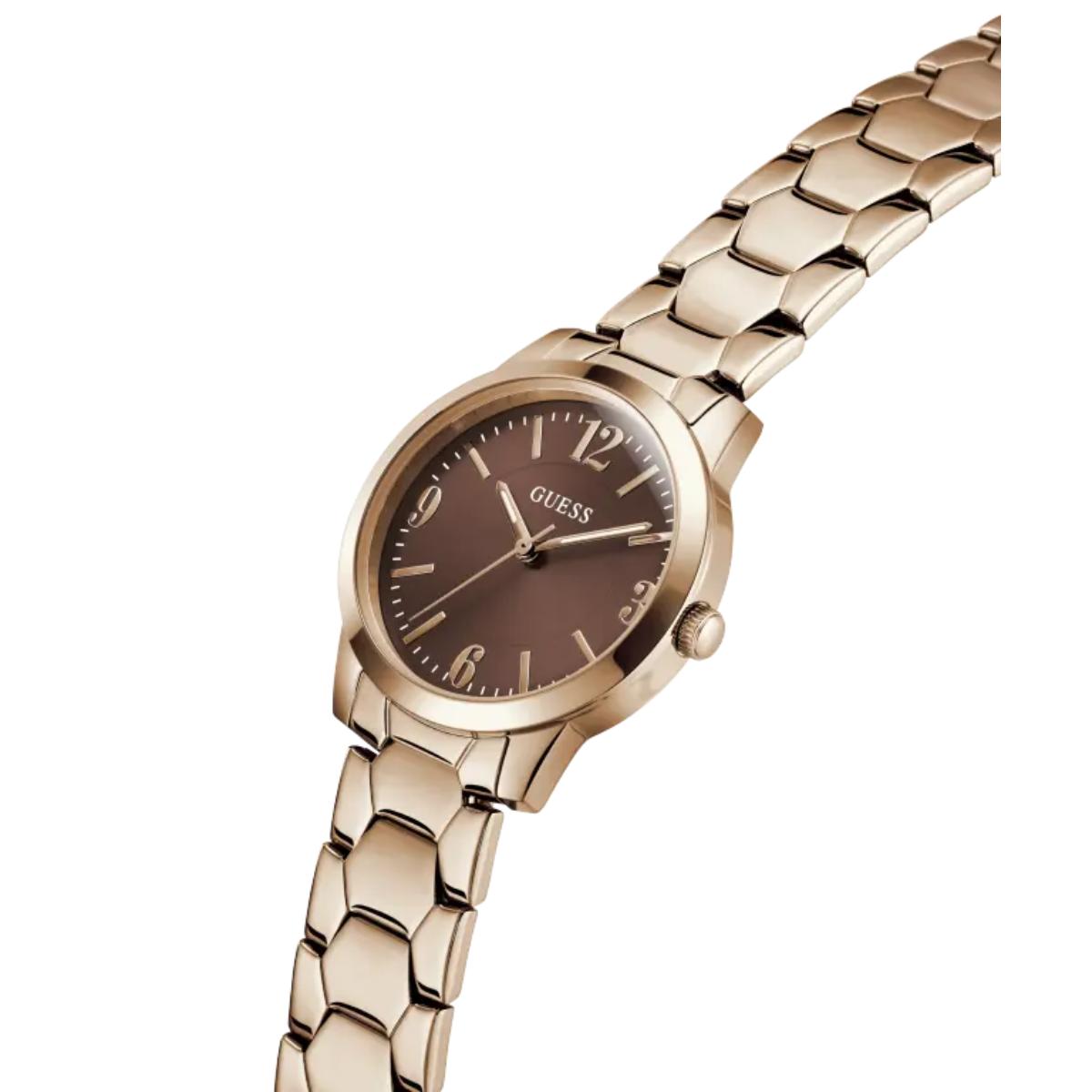 Gold watch with a brown dial on a white background