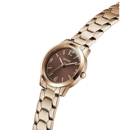 Gold watch with a brown dial on a white background