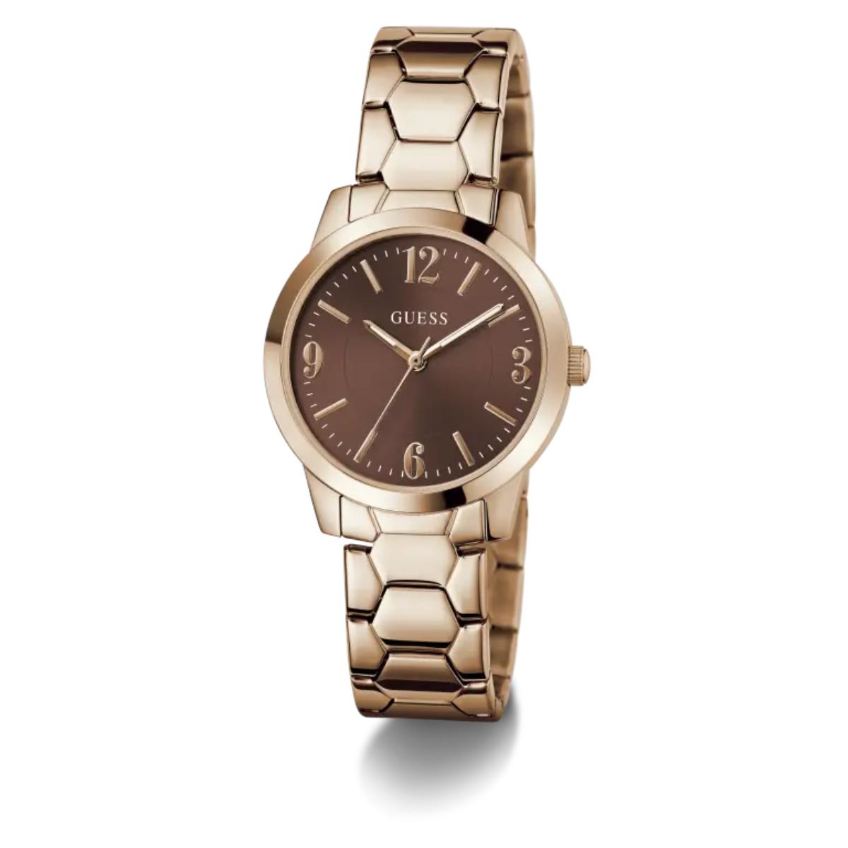 Rose gold watch with brown dial on a white background
