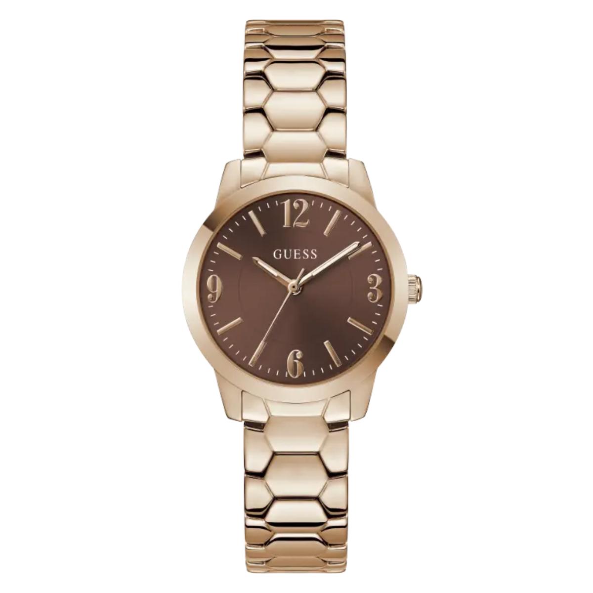 Gold watch with brown dial on a white background