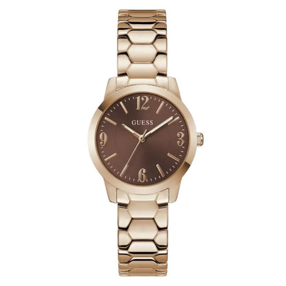Gold watch with brown dial on a white background