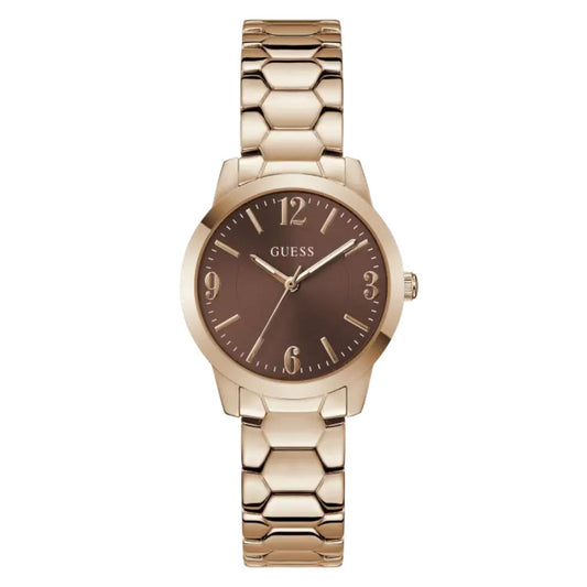 Gold watch with brown dial on a white background