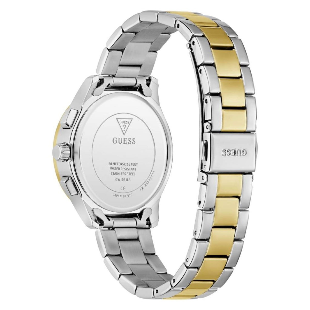 Two-tone silver and gold watch with Guess logo on a white background