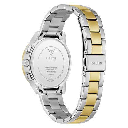 Two-tone silver and gold watch with Guess logo on a white background
