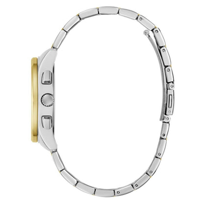 Close-up of a silver watch band on a white background