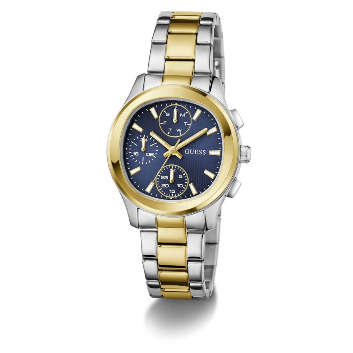 Two-tone watch with gold and silver band on a white background