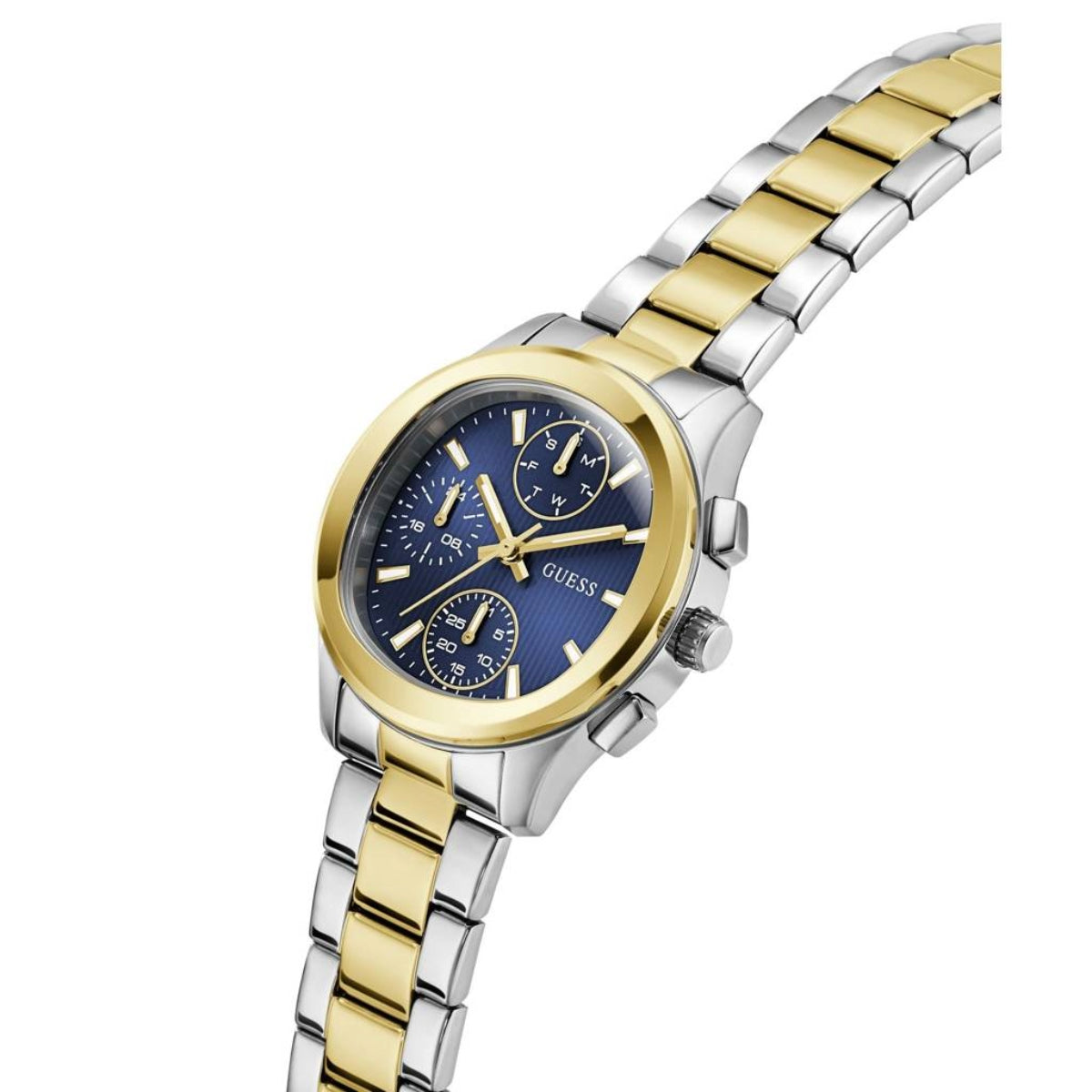 Two-tone watch with blue face on a white background