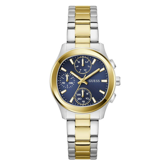 Two-tone watch with gold and silver band and blue dial on a white background