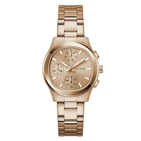 Rose gold watch with a detailed face on a white background