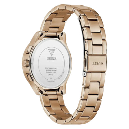 Rose gold watch with visible Guess branding on a white background