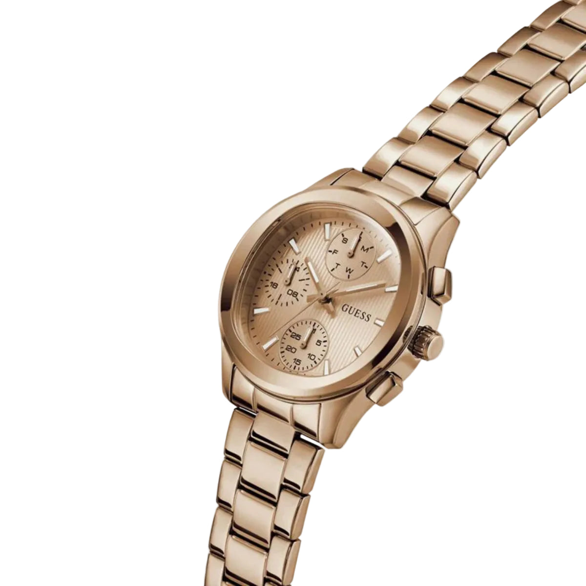 Rose gold watch with a detailed face on a white background