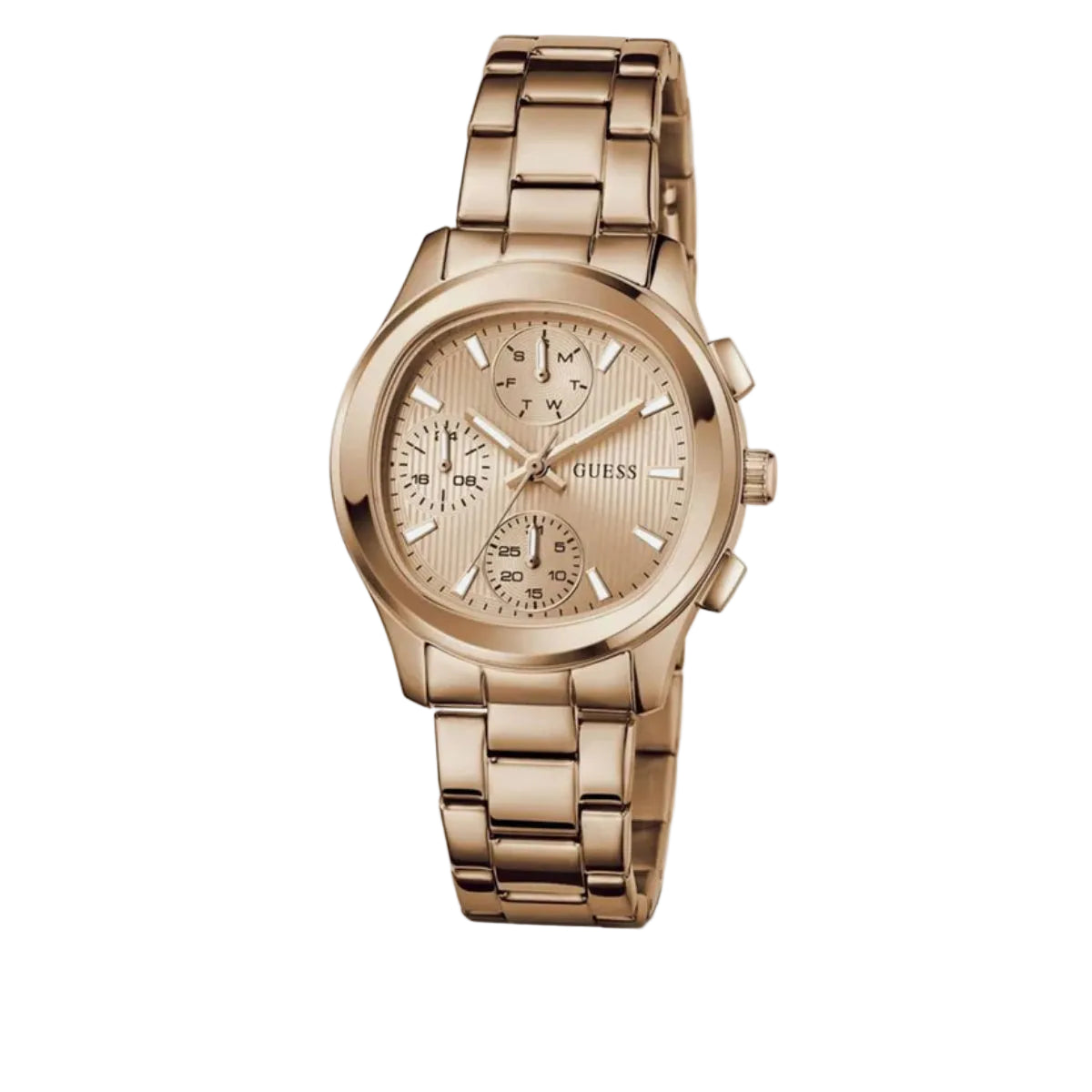 Rose gold watch with detailed face on a light gray background