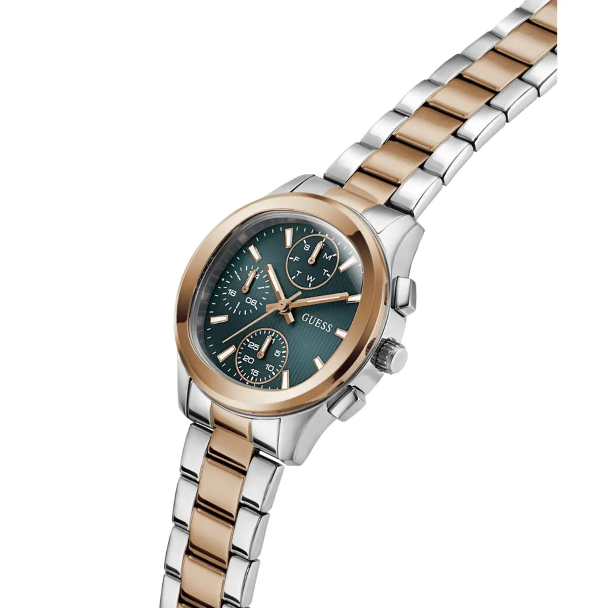 A Guess women's two-tone watch with a dark green dial, a gold-tone bezel, and a silver-and-gold-tone link bracelet, shown on a plain white background.