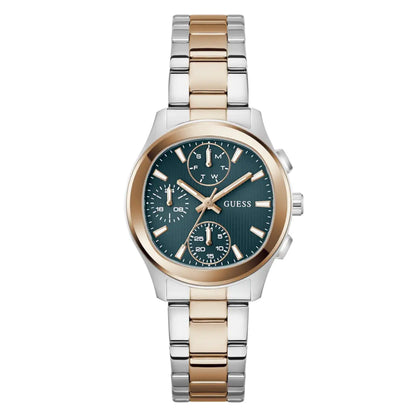 A GUESS women's two-tone stainless steel and rose gold watch with a dark green chronograph dial, shown on a solid white background.
