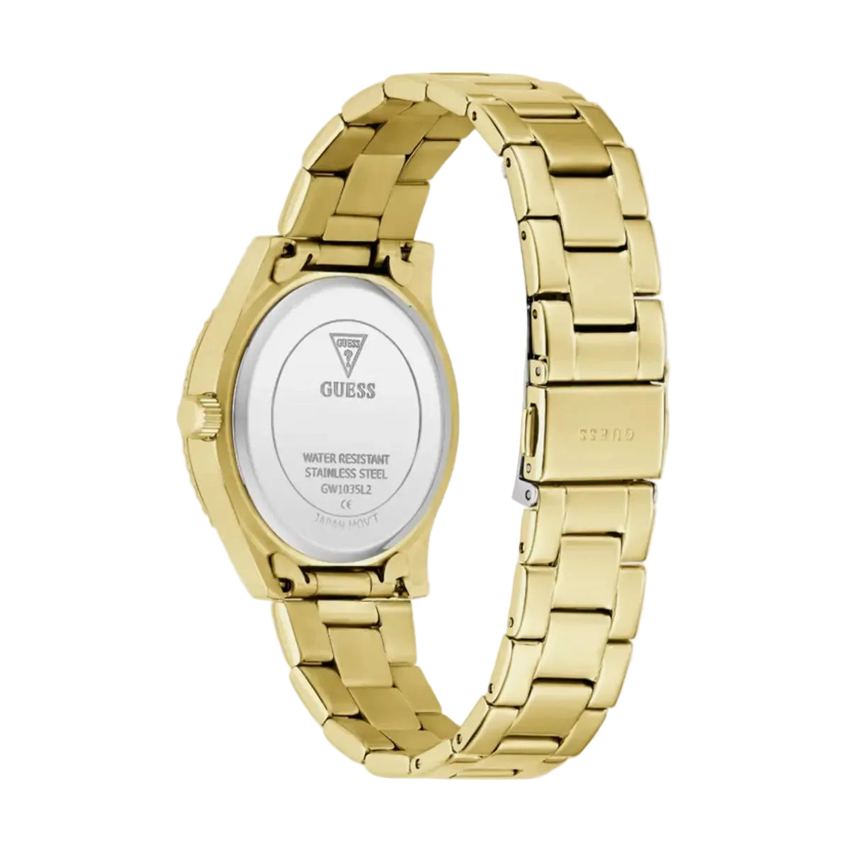 Gold watch with a visible brand logo on a light gray background
