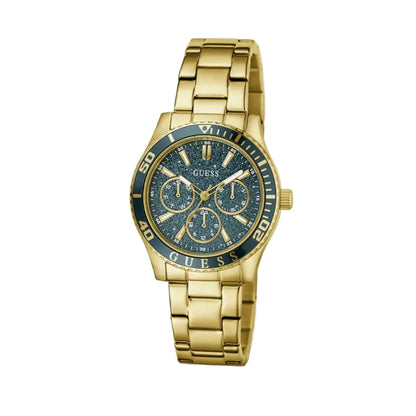 Gold watch with blue face on a light gray background