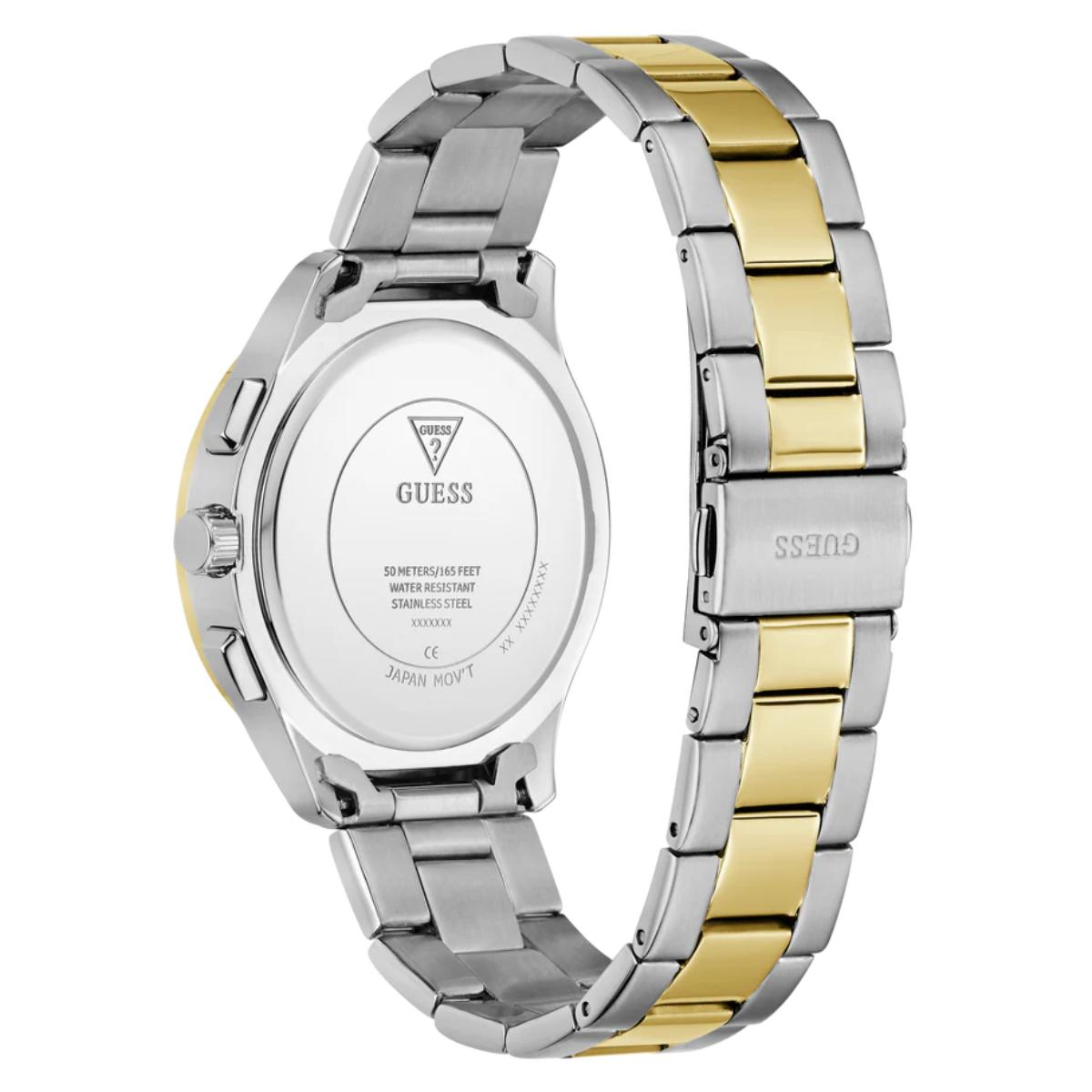 Two-tone silver and gold watch with Guess branding on a white background