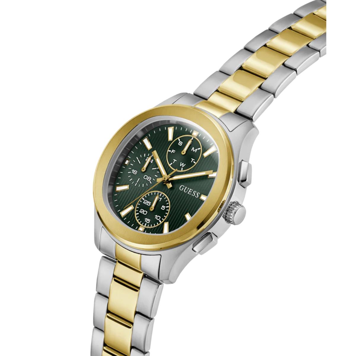 Two-tone silver and gold watch with a green dial on a white background